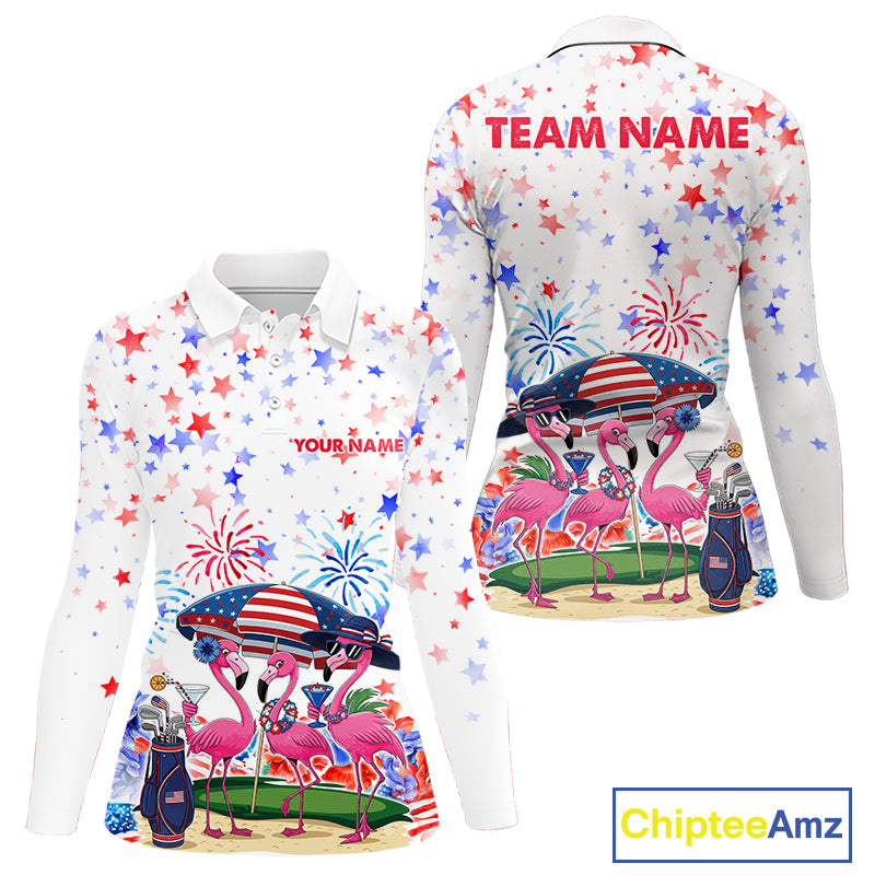 Women's patriotic golf polo mockup featuring American Flag and pink flamingo artwork, custom golf apparel for women's golf tournaments, 4th of July golf outings and country clubs.
