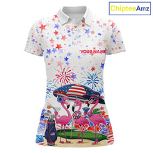 Load image into Gallery viewer, Women's patriotic golf polo mockup featuring American Flag and pink flamingo artwork, custom golf apparel for women's golf tournaments, 4th of July golf outings and country clubs.