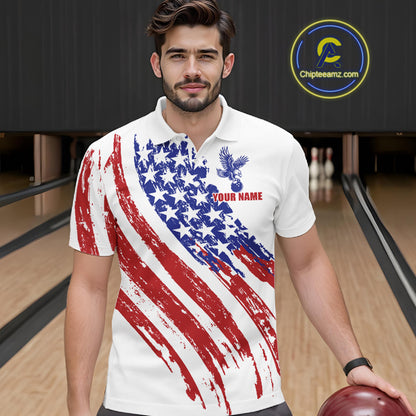 Male athlete wearing grunge American eagle bowling shirt, patriotic bowling fashion, freedom-inspired sportswear, custom bowling team apparel, USA league uniform, eagle symbolism.