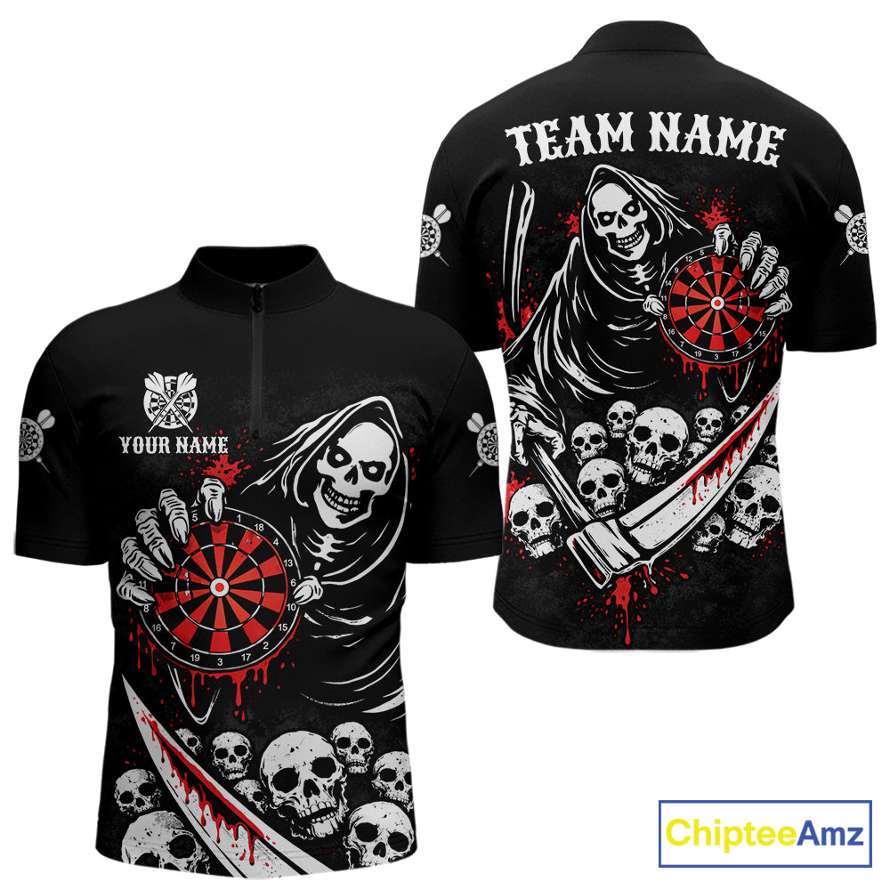 Red Dripping Grim Reaper Dartboard Skull Dart 1/4-Zip Shirts For Men Custom Name For Dart Players NYN2684