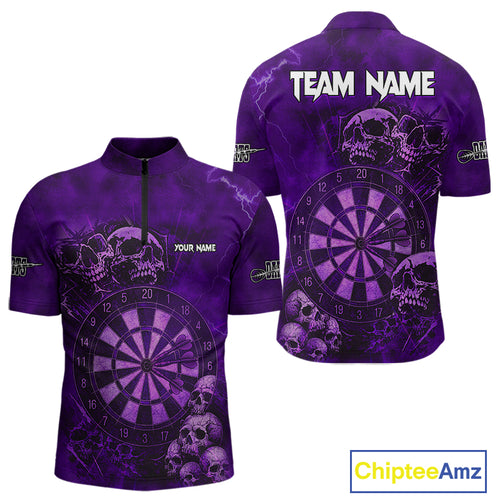 Custom Grunge Purple Dartboard Multi-Skull Dart Men Quarter-Zip Shirt Dart Team Jerseys NYN1621