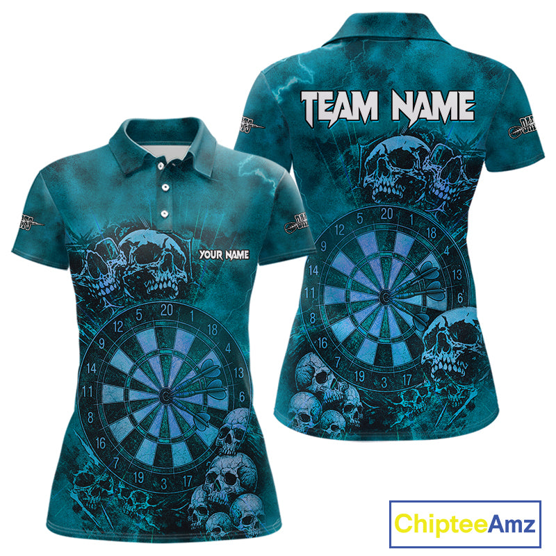 Custom Grunge Turquoise Dartboard Multi-Skull Dart Women Polo Shirt Dart Team Jerseys NYN1623