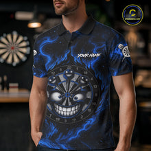Load image into Gallery viewer, Man wearing funny smile dartboard blue smoke dart shirt tournament apparel