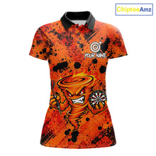 Load image into Gallery viewer, Women's fire flame tornado dart polo shirt mockup orange splatter dart jersey