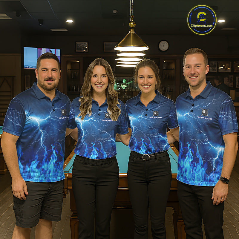Thunder Blue Flames 8 Ball Pool Billiard Shirt Women Men Custom Polo & 1/4 Zip Team Tournament Jersey NYN3782