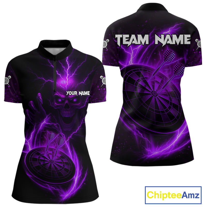 Custom Lightning Dartboard Purple Skull Dart Women Quarter-Zip Jerseys Dart Tournament Shirt NYN1671