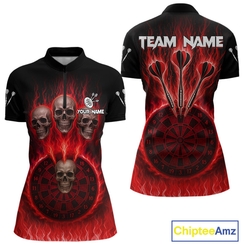 Custom Red Flames Dartboard Horror Multi Skull Dart Women Quarter-Zip Jerseys Outfits Dart Shirt NYN1679
