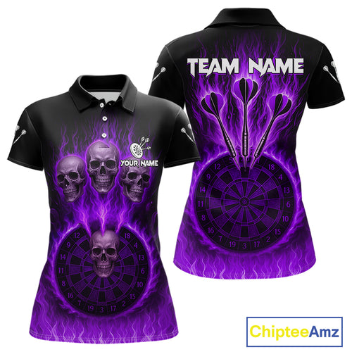 Custom Purple Flames Dartboard Horror Multi Skull Dart Women Polo Jerseys Outfits Dart Shirt NYN1680