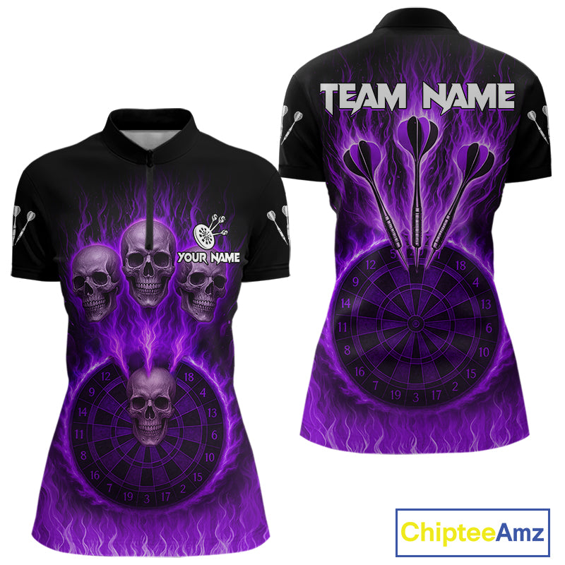 Custom Purple Flames Dartboard Horror Multi Skull Dart Women Quarter-Zip Jerseys Outfits Dart Shirt NYN1680