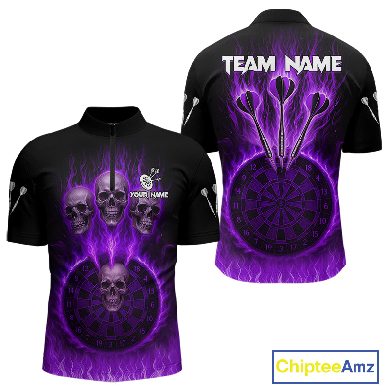 Custom Purple Flames Dartboard Horror Multi Skull Dart Men Quarter-Zip Jerseys Outfits Dart Shirt NYN1680