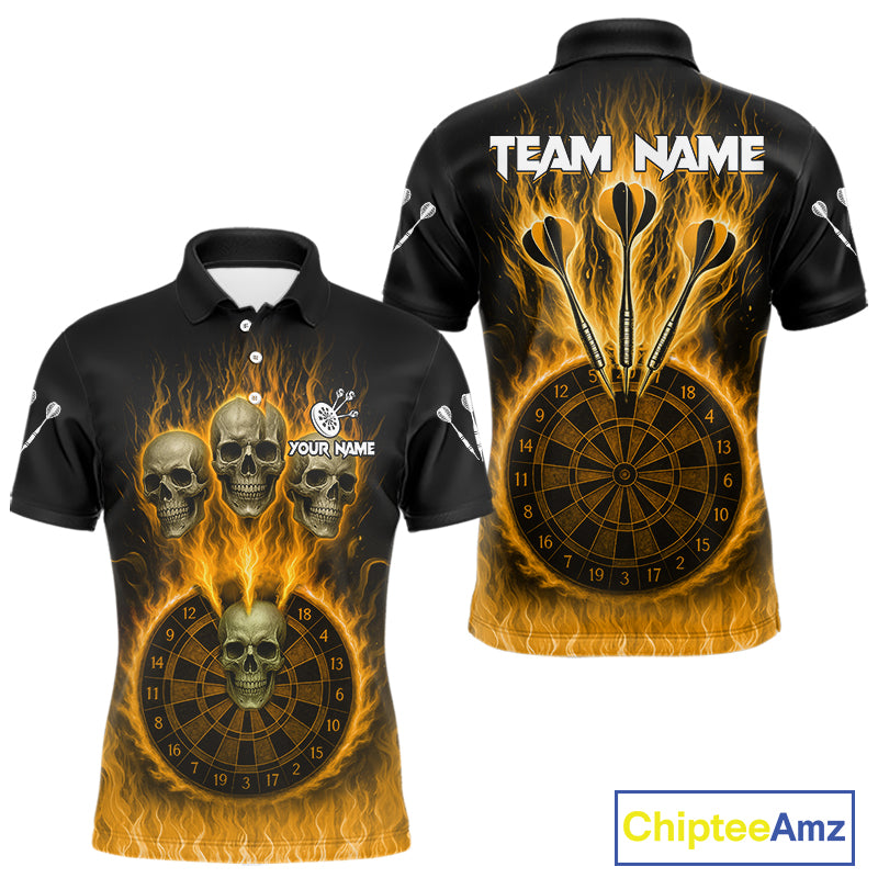 Custom Yellow Flames Dartboard Horror Multi Skull Dart Men Polo Jerseys Outfits Dart Shirt NYN1681