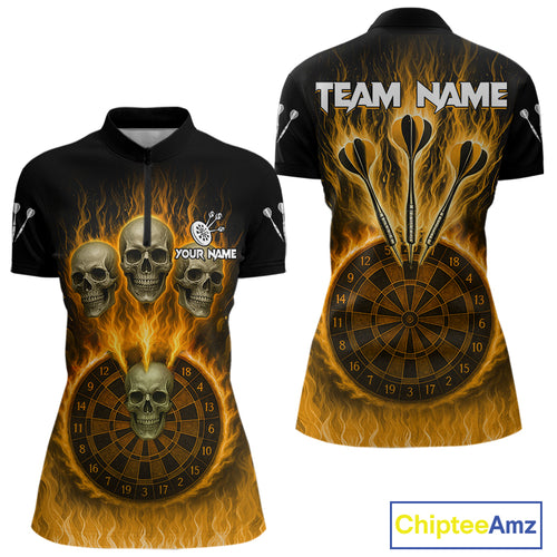 Custom Yellow Flames Dartboard Horror Multi Skull Dart Women Quarter-Zip Jerseys Outfits Dart Shirt NYN1681