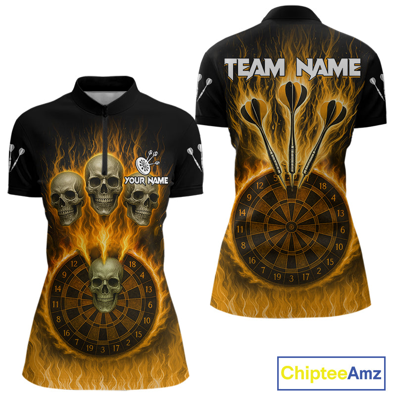 Custom Yellow Flames Dartboard Horror Multi Skull Dart Women Quarter-Zip Jerseys Outfits Dart Shirt NYN1681