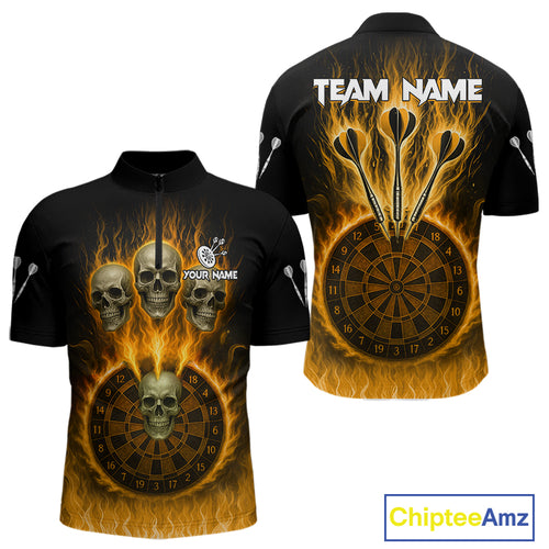 Custom Yellow Flames Dartboard Horror Multi Skull Dart Men Quarter-Zip Jerseys Outfits Dart Shirt NYN1681