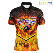 Load image into Gallery viewer, Yellow Flames Hexagon Pool Ball Set Billiards Shirt For Men Personalized Pool Balls 8 Billiard Attire NYN2690