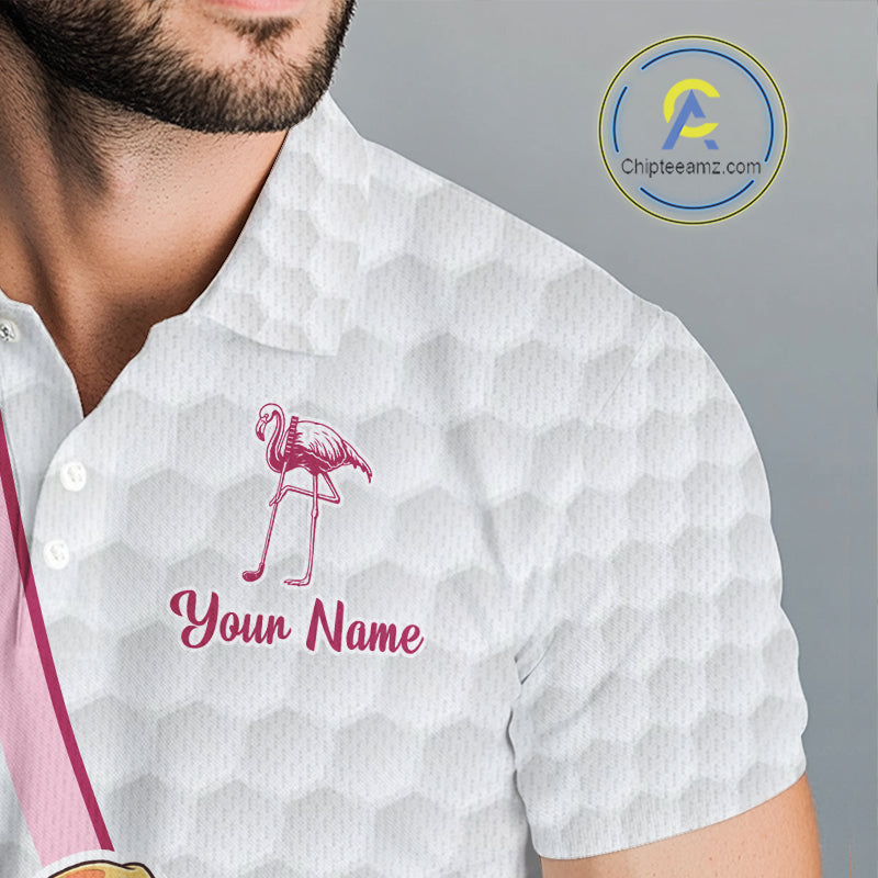 Funny Flamingo Mens Golf Polo Shirt Custom Pink And Purple Monstera Pattern White Golf Shirts NYN2841