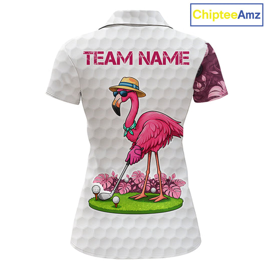 Funny Flamingo Womens Golf Polo Shirt Custom Pink And Purple Monstera Pattern White Golf Shirts NYN2841