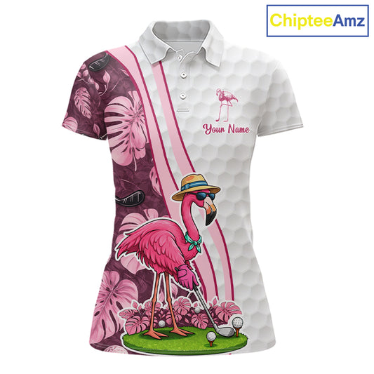 Funny Flamingo Womens Golf Polo Shirt Custom Pink And Purple Monstera Pattern White Golf Shirts NYN2841