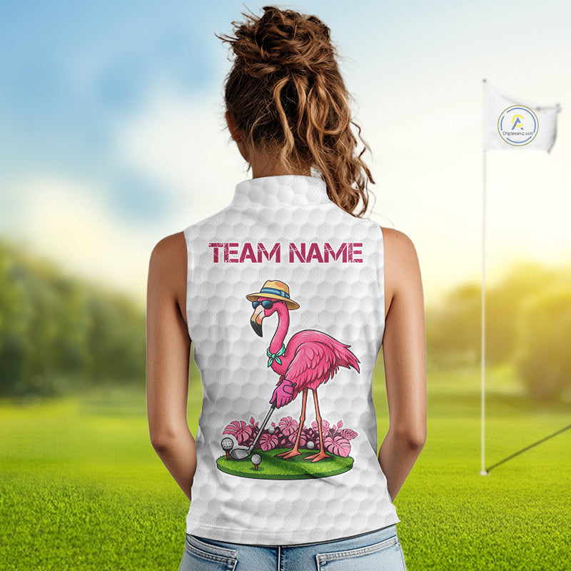 Funny Flamingo Womens Golf Sleeveless Polo Shirt Custom Pink And Purple Monstera Pattern White Golf Shirts NYN2841