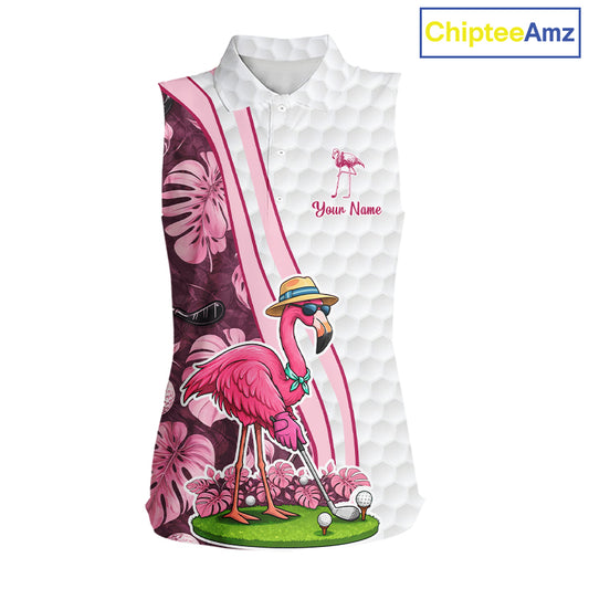 Funny Flamingo Womens Golf Sleeveless Polo Shirt Custom Pink And Purple Monstera Pattern White Golf Shirts NYN2841
