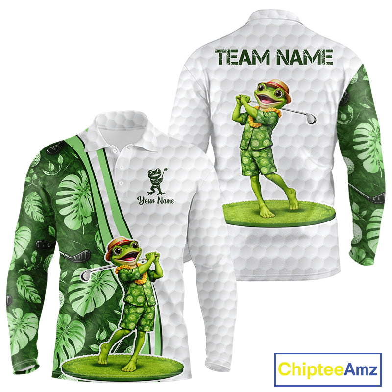 Funny Frog Golf Polo Shirt Custom Green Monstera Pattern White Golf Attire For Men NYN2842