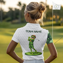 Load image into Gallery viewer, Funny Frog Golf Polo Shirt Custom Green Monstera Pattern White Golf Attire For Women NYN2842