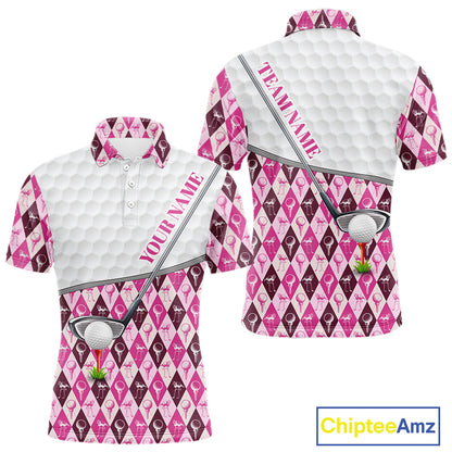 Mens Golf Polo Shirts Custom Pink Argyle And Flamingo Plaid Pattern Golf Attire For Men NYN2843