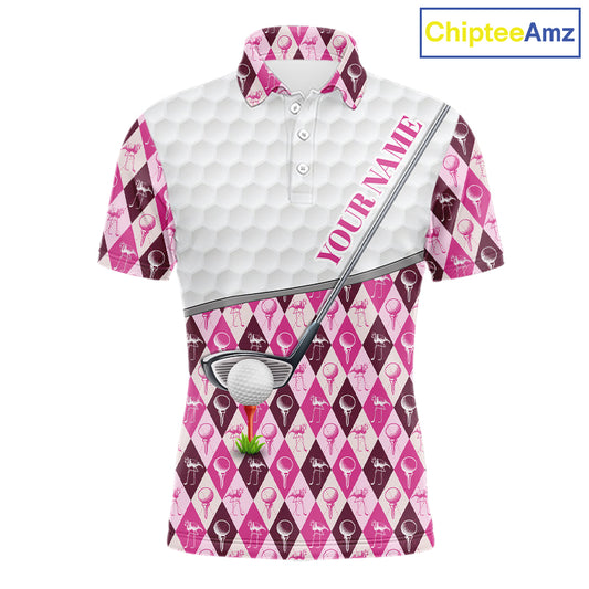 Mens Golf Polo Shirts Custom Pink Argyle And Flamingo Plaid Pattern Golf Attire For Men NYN2843
