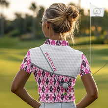 Load image into Gallery viewer, Mens Golf Polo Shirts Custom Pink Argyle And Flamingo Plaid Pattern Golf Attire For Women NYN2843