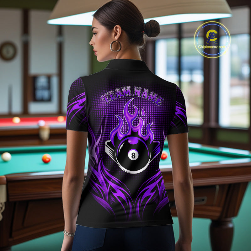 Custom Purple Flaming 8 Ball Billiard Shirts For Women Billiard League Billiard Team Shirts NYN2848