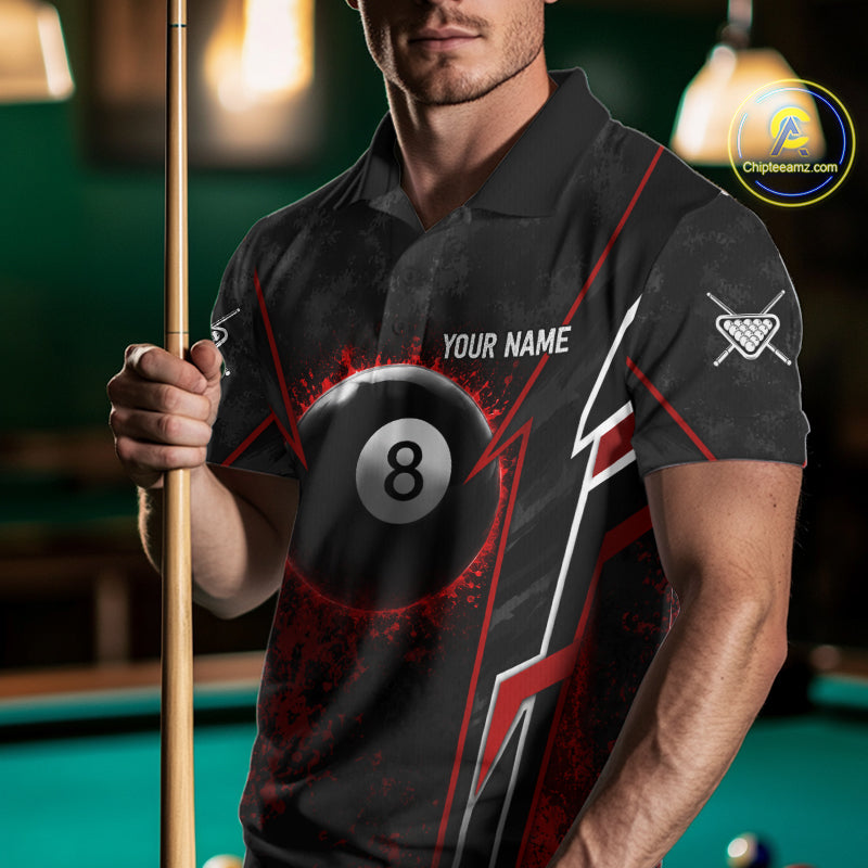 Black And Red Grunge Splatter 8 Ball Billiard Pool Shirt For Men Custom Outfits Billiard Team Attire NYN3220