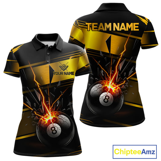 Thunder Cracked 8 Ball Billiard Shirt For Women Custom Black And Gold Billiard Pool Team Jersey NYN3224