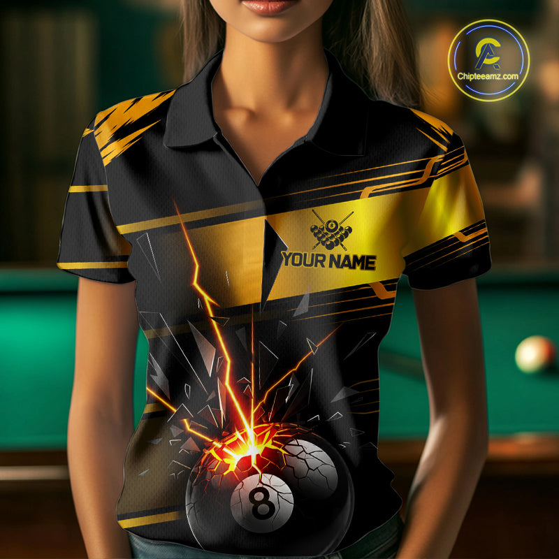 Thunder Cracked 8 Ball Billiard Shirt For Women Custom Black And Gold Billiard Pool Team Jersey NYN3224