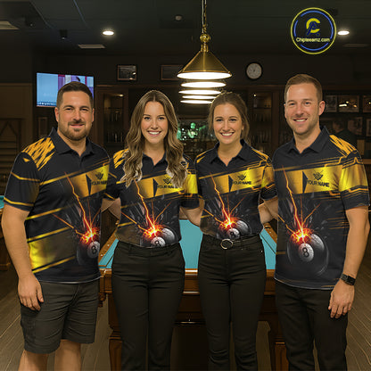 Thunder Cracked 8 Ball Billiard Shirt For Men Custom Black And Gold Billiard Pool Team Jersey NYN3224