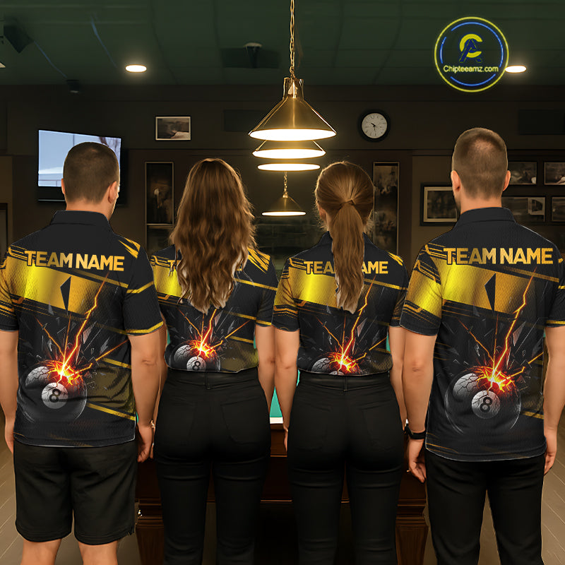 Thunder Cracked 8 Ball Billiard Shirt For Men Custom Black And Gold Billiard Pool Team Jersey NYN3224