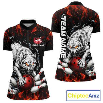 Fire Flame Funny Wolf Bowling Ball Jersey For Women Personalized Bowling Team Shirts | Red NYN3226