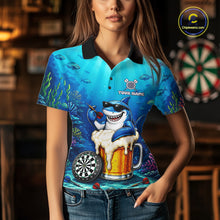 Load image into Gallery viewer, Female dart player wearing Shark Beer custom dart shirt during tournament competition