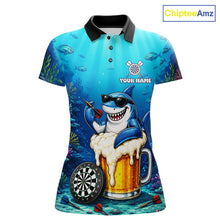 Load image into Gallery viewer, Funny Ocean Shark Beer women's dart polo shirt custom dart league uniform, competitive dart jersey, ladies dart apparel