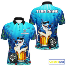 Load image into Gallery viewer, Funny Ocean Shark Beer men's dart polo shirt custom dart league uniform, competitive dart jersey, men's dart apparel