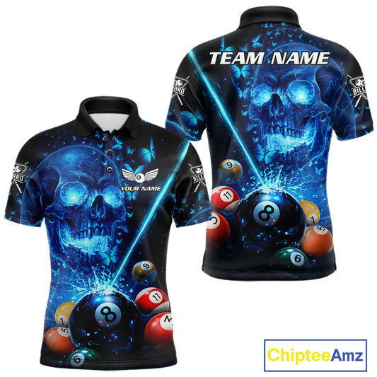 Blue Skull Thunder Pool 8 Ball Men's Billiard Polo & 1/4-Zip Shirt Custom Billiards Team Apparel NYN2491
