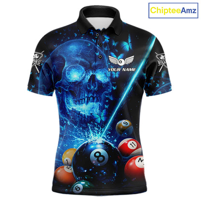 Blue Skull Thunder Pool 8 Ball Men's Billiard Polo & 1/4-Zip Shirt Custom Billiards Team Apparel NYN2491