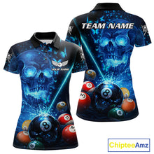 Load image into Gallery viewer, Blue Skull Thunder Pool 8 Ball Women's Billiard Polo &amp; 1/4-Zip Shirt Custom Billiards Team Apparel NYN2491