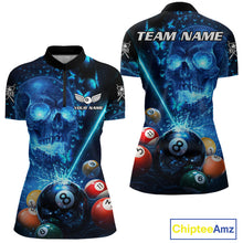 Load image into Gallery viewer, Blue Skull Thunder Pool 8 Ball Women's Billiard Polo &amp; 1/4-Zip Shirt Custom Billiards Team Apparel NYN2491