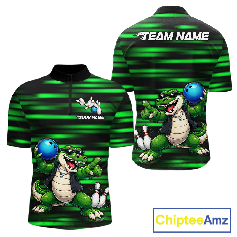 Funny Crocodile Bowling Jersey For Men Personalized Green Strike Lightning Team Bowling Attire NYN3228