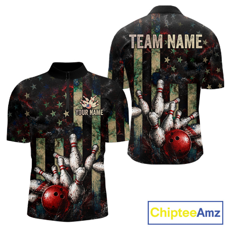 Personalized American Flag Grunge Bowling Shirt For Men Custom Splatter Outfit Bowling Jersey NYN3231
