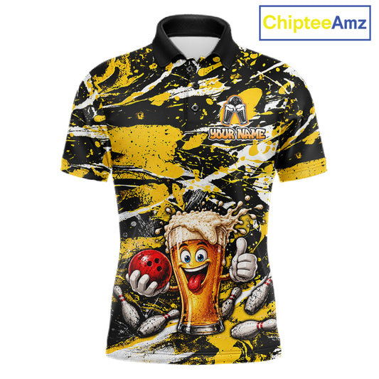 Yellow, White And Black Splatter Funny Beer Bowling Shirt For Men Custom Outfit Bowling Jersey NYN3235