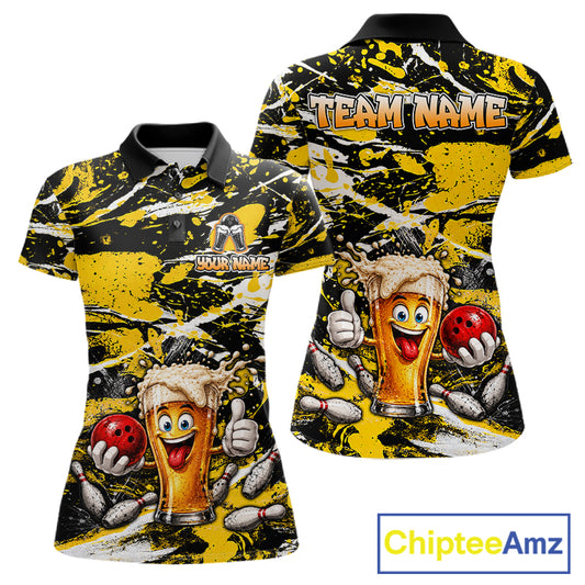 Yellow, White And Black Splatter Funny Beer Bowling Shirt For Women Custom Outfit Bowling Jersey NYN3235