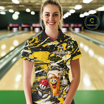 Yellow, White And Black Splatter Funny Beer Bowling Shirt For Women Custom Outfit Bowling Jersey NYN3235
