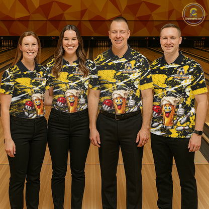 Yellow, White And Black Splatter Funny Beer Bowling Shirt For Men Custom Outfit Bowling Jersey NYN3235