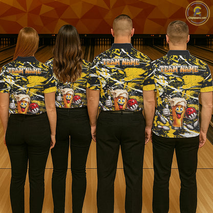 Yellow, White And Black Splatter Funny Beer Bowling Shirt For Men Custom Outfit Bowling Jersey NYN3235